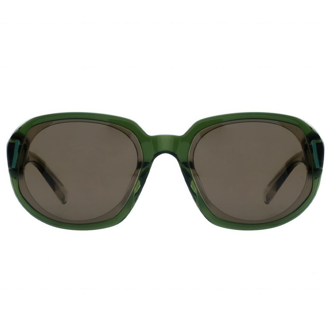 Green sunglasses with dark lenses on a white background
