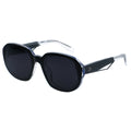 Sunglasses with black lenses and clear frame on a white background