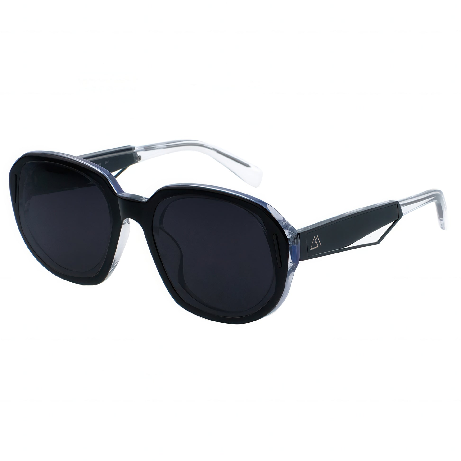 Sunglasses with black lenses and clear frame on a white background
