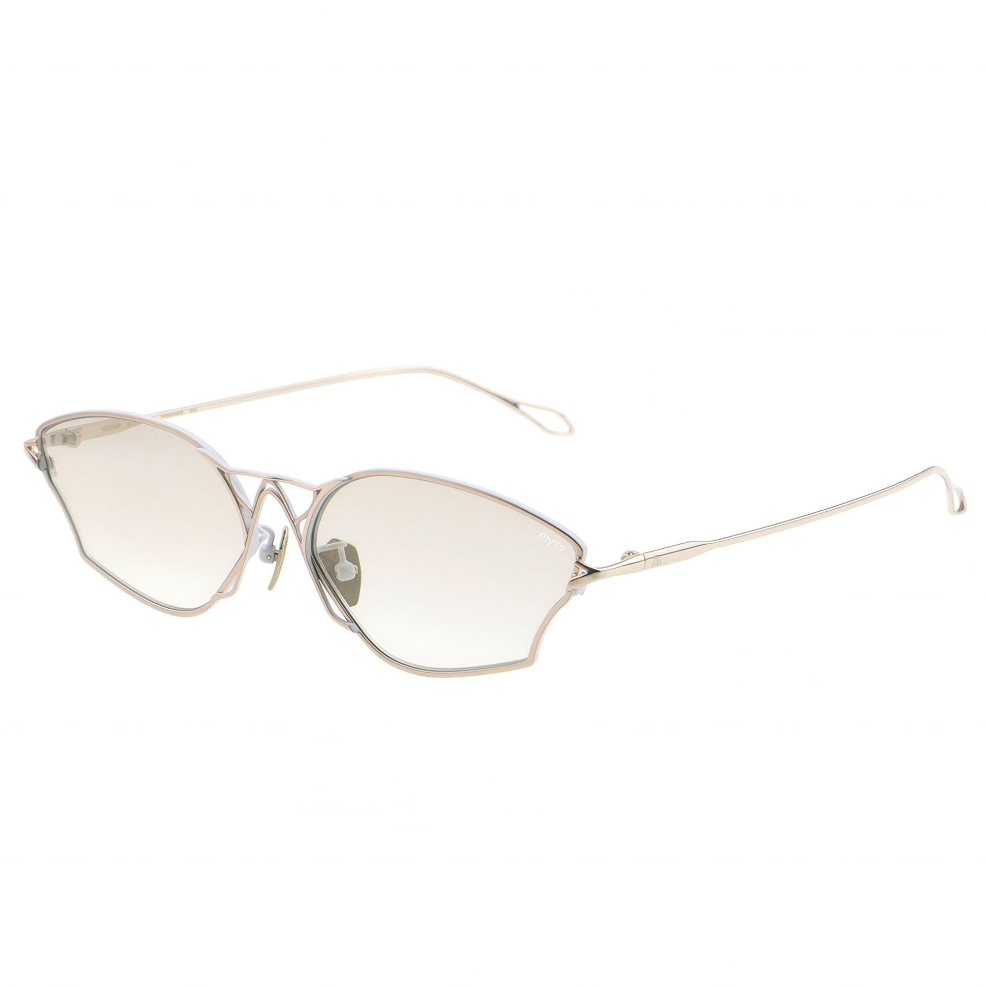 Gold-framed sunglasses with clear lenses on a white background