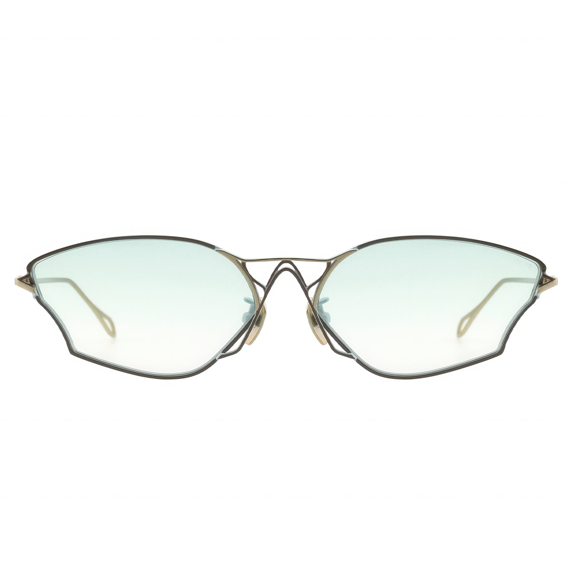 Sunglasses with gold frame and light green lenses on a white background