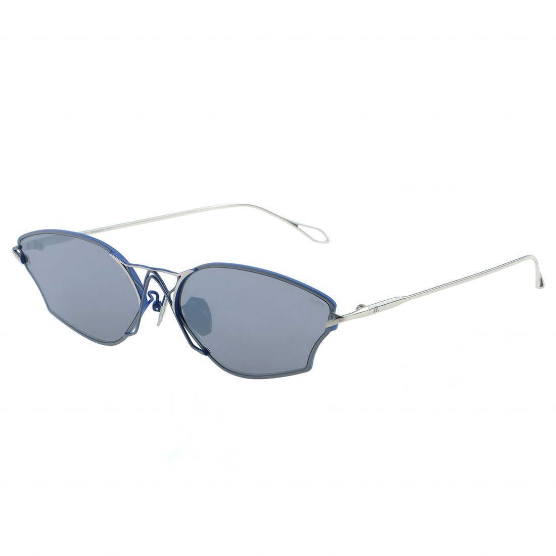 Sunglasses with blue-tinted lenses on a white background
