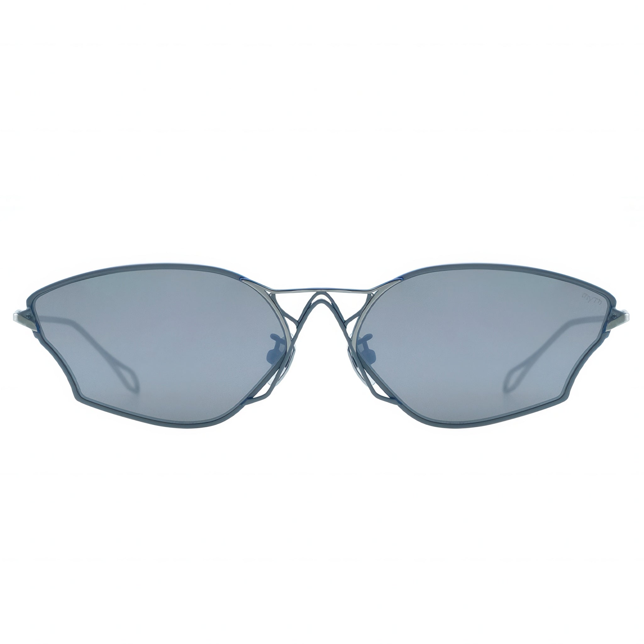 Sunglasses with blue-tinted lenses on a white background