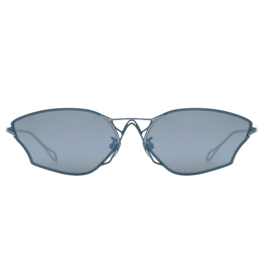 Sunglasses with blue-tinted lenses on a white background