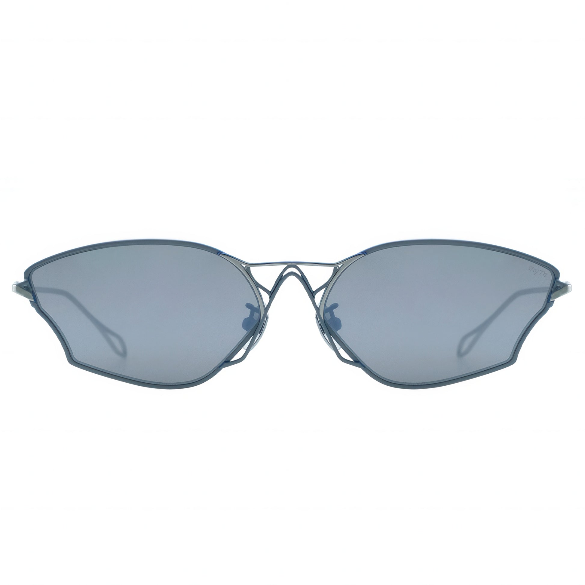 Sunglasses with blue-tinted lenses on a white background