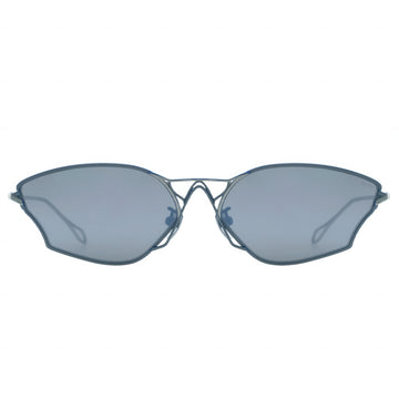 Sunglasses with blue-tinted lenses on a white background
