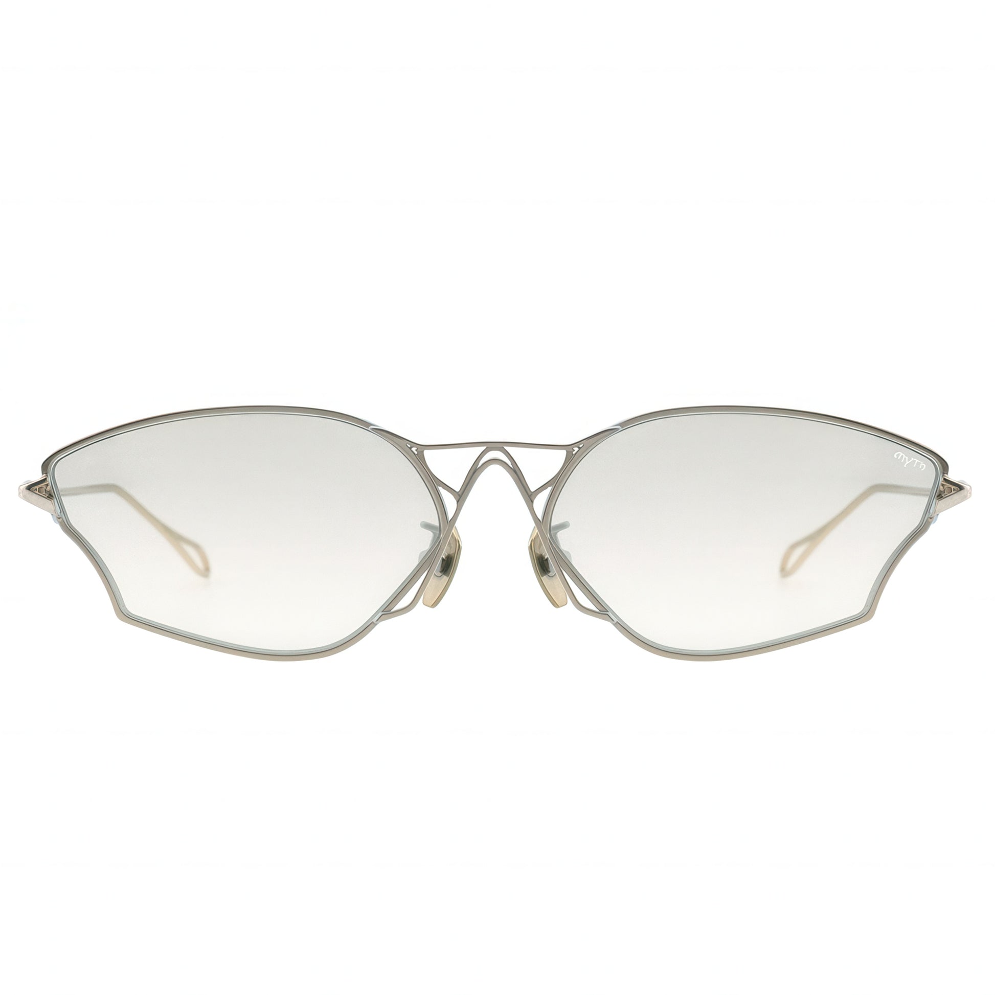 Cat-eye sunglasses with a gold frame on a white background