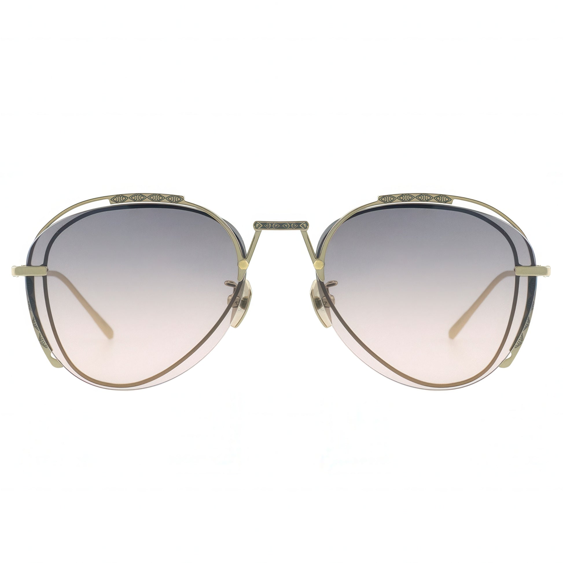 Gold-framed sunglasses with gradient lenses on a white background