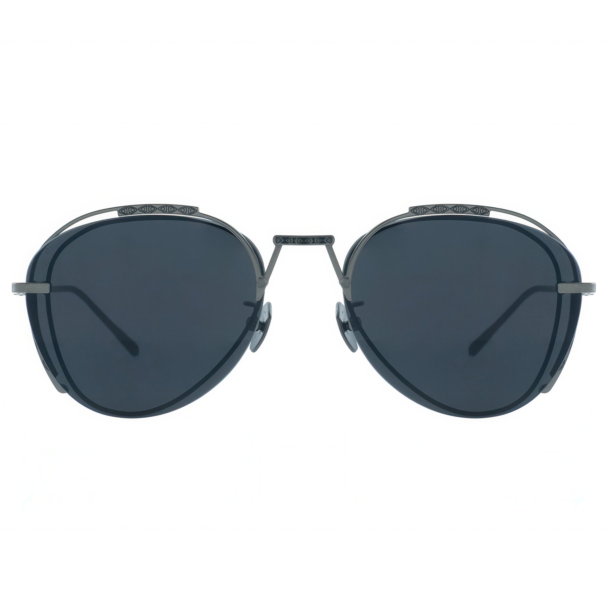 Round sunglasses with dark lenses and thin metal frame on a white background