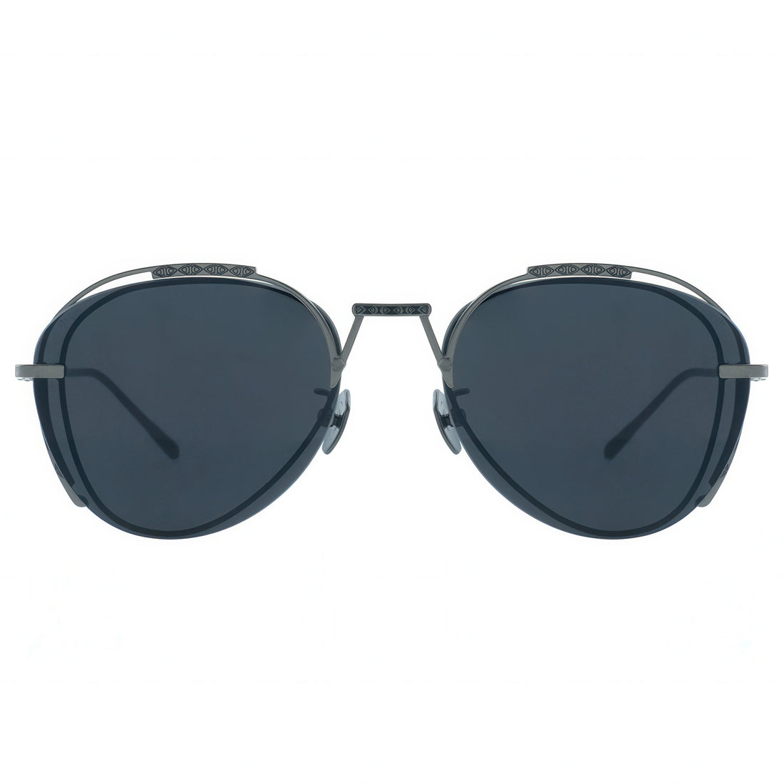 Round sunglasses with dark lenses and thin metal frame on a white background