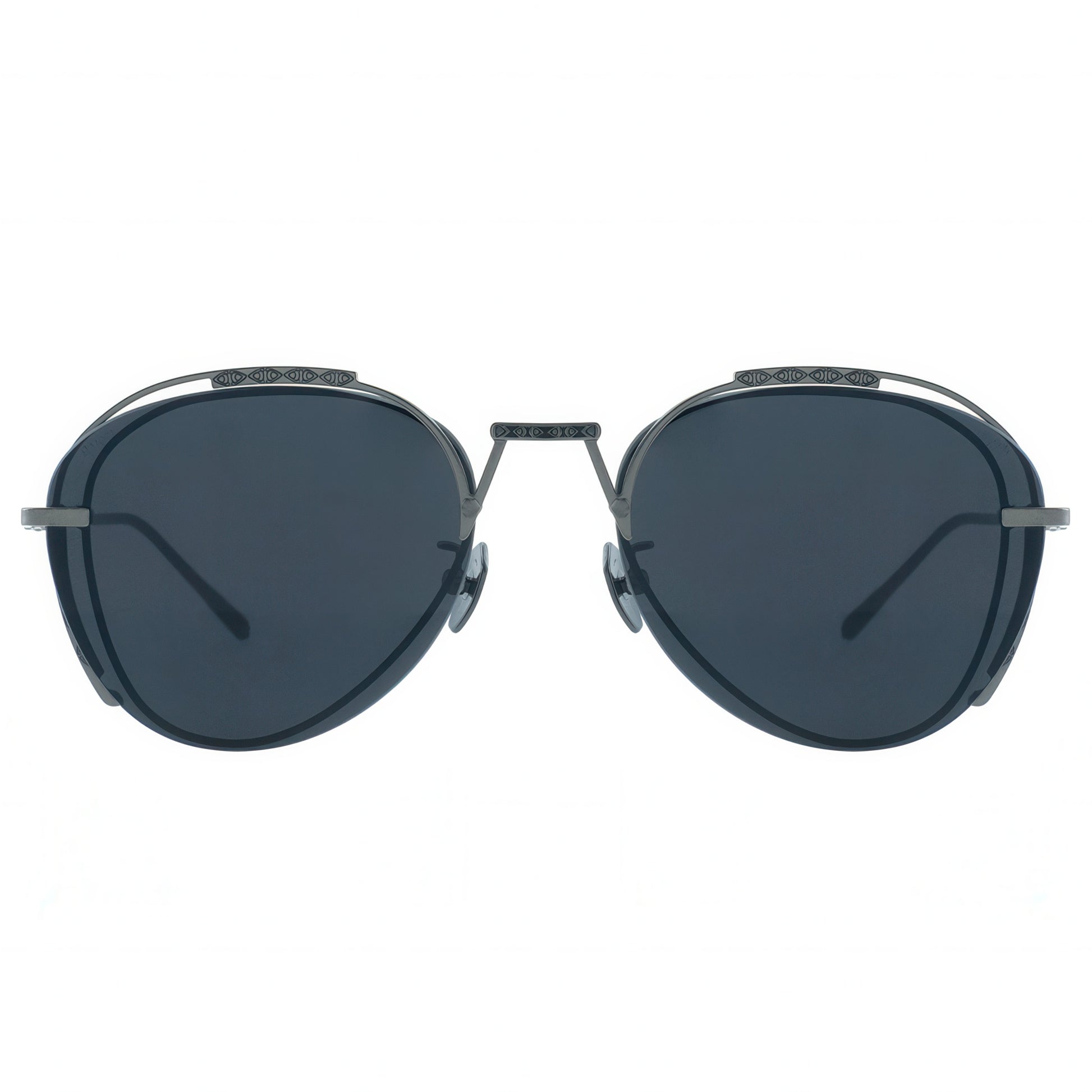 Round sunglasses with dark lenses and thin metal frame on a white background