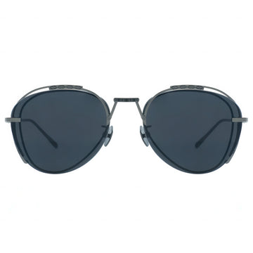 Round sunglasses with dark lenses and thin metal frame on a white background