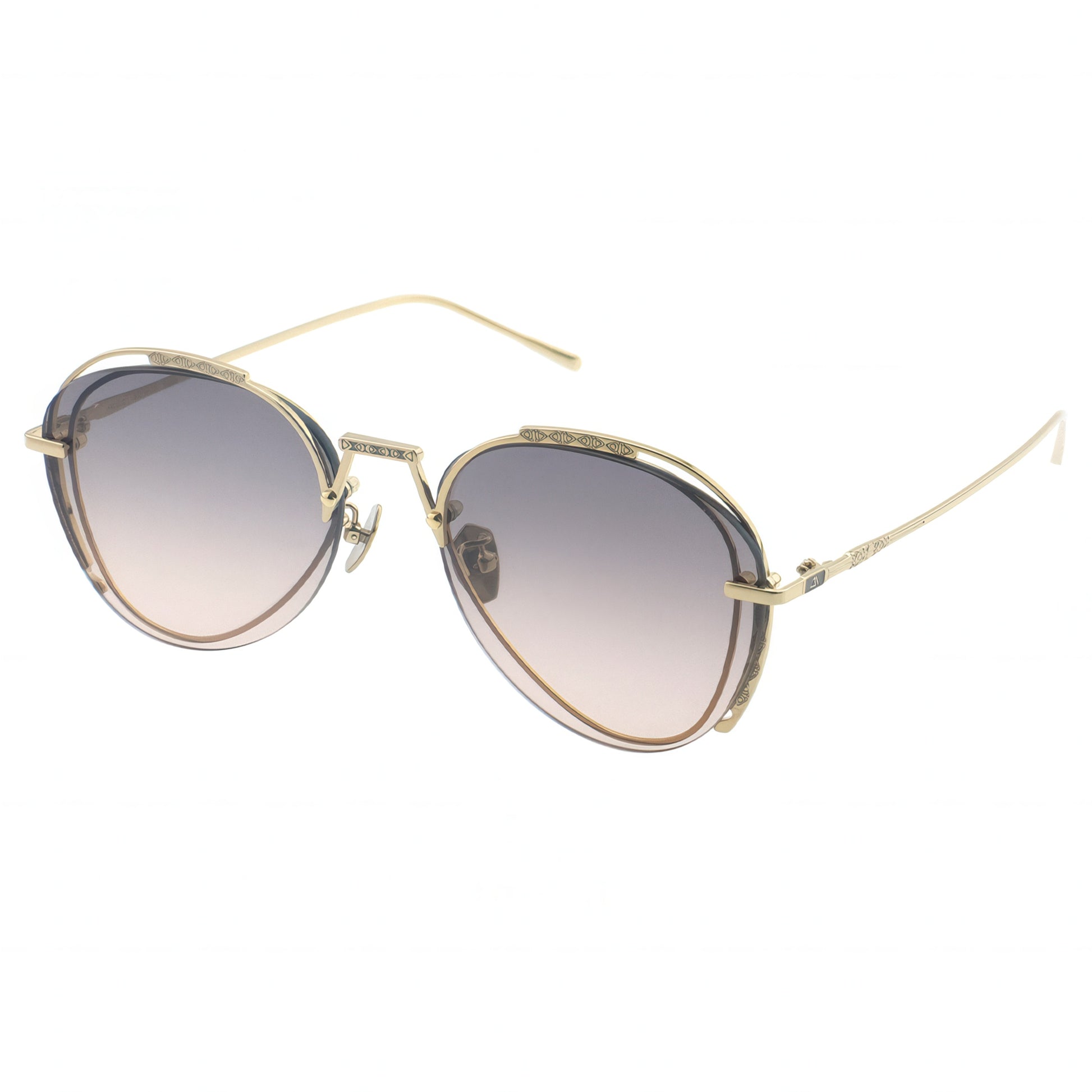 Gold-framed sunglasses with gradient lenses on a white background