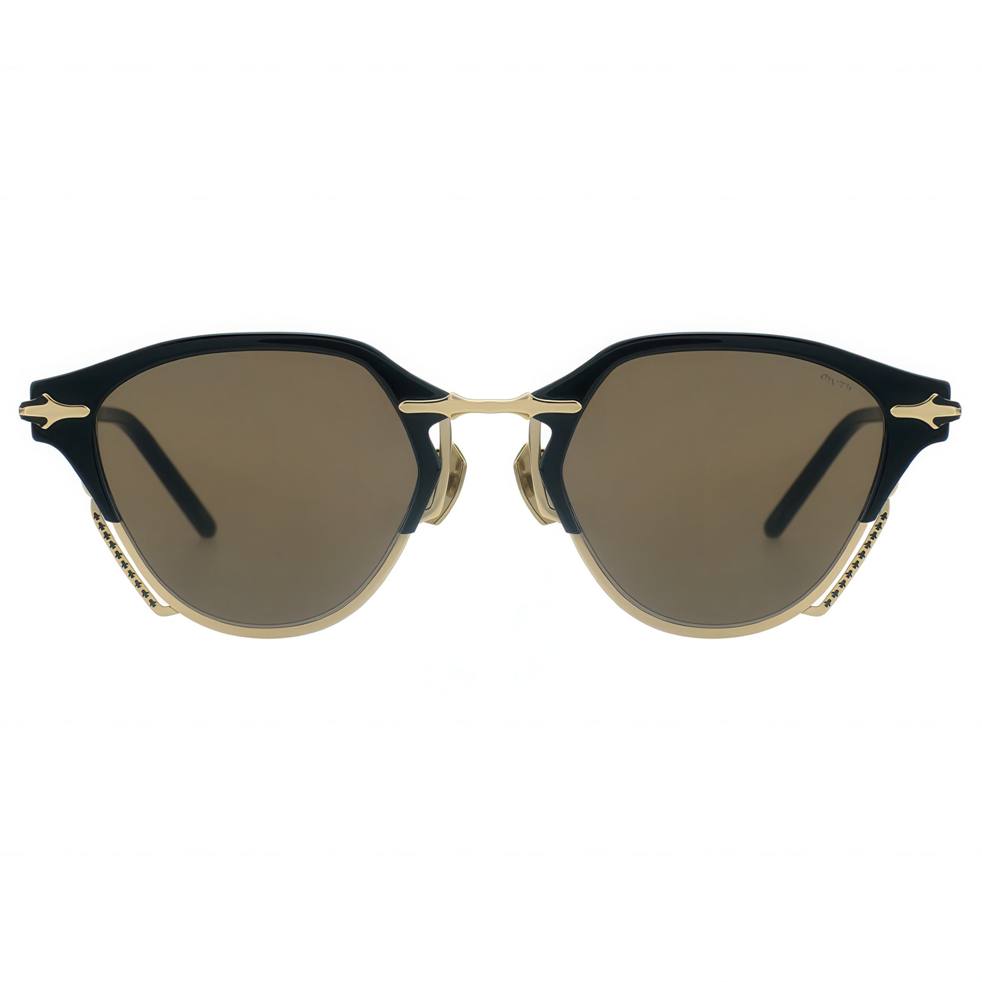 Sunglasses with black and gold frame on a white background
