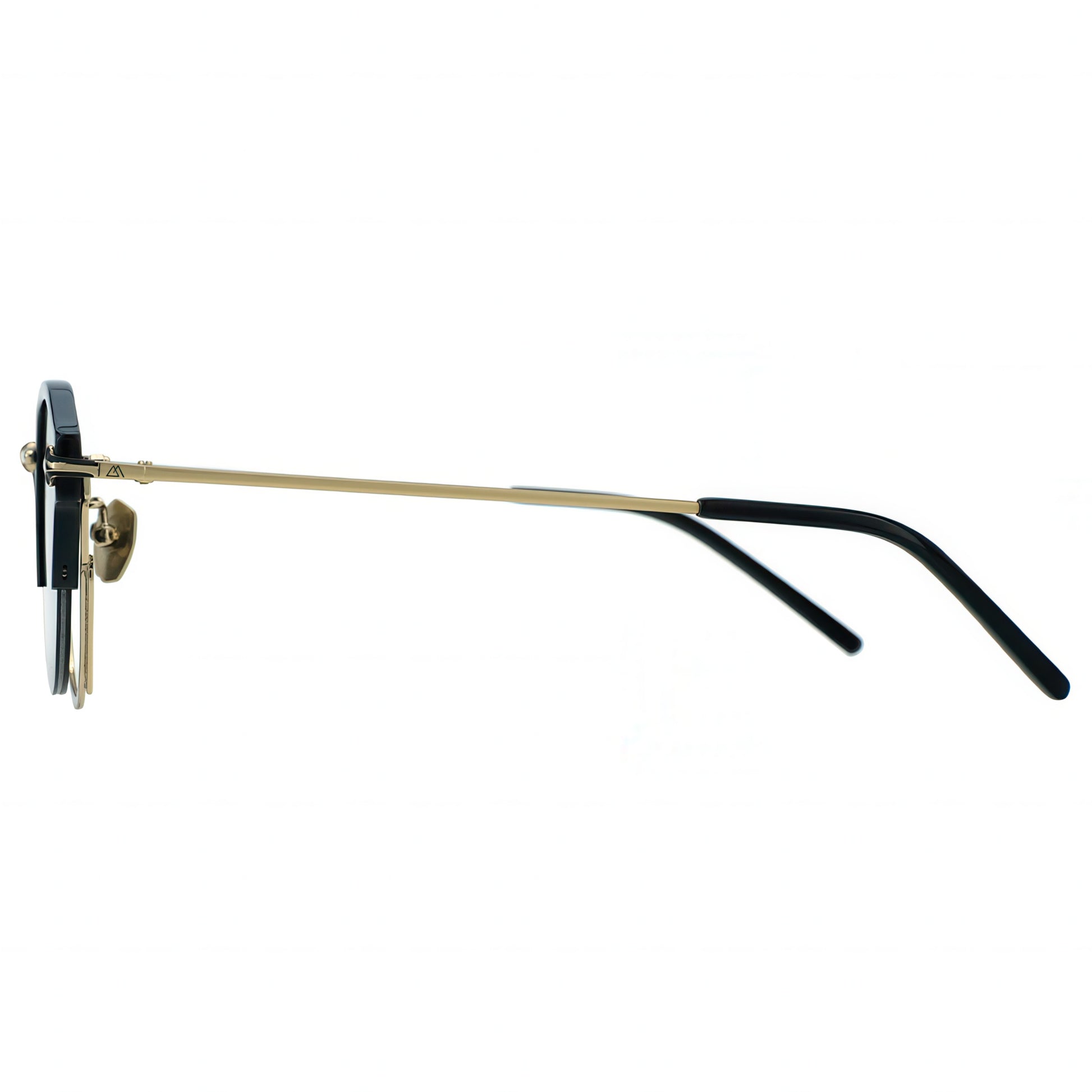 Sunglasses with gold frame and black arms on a white background