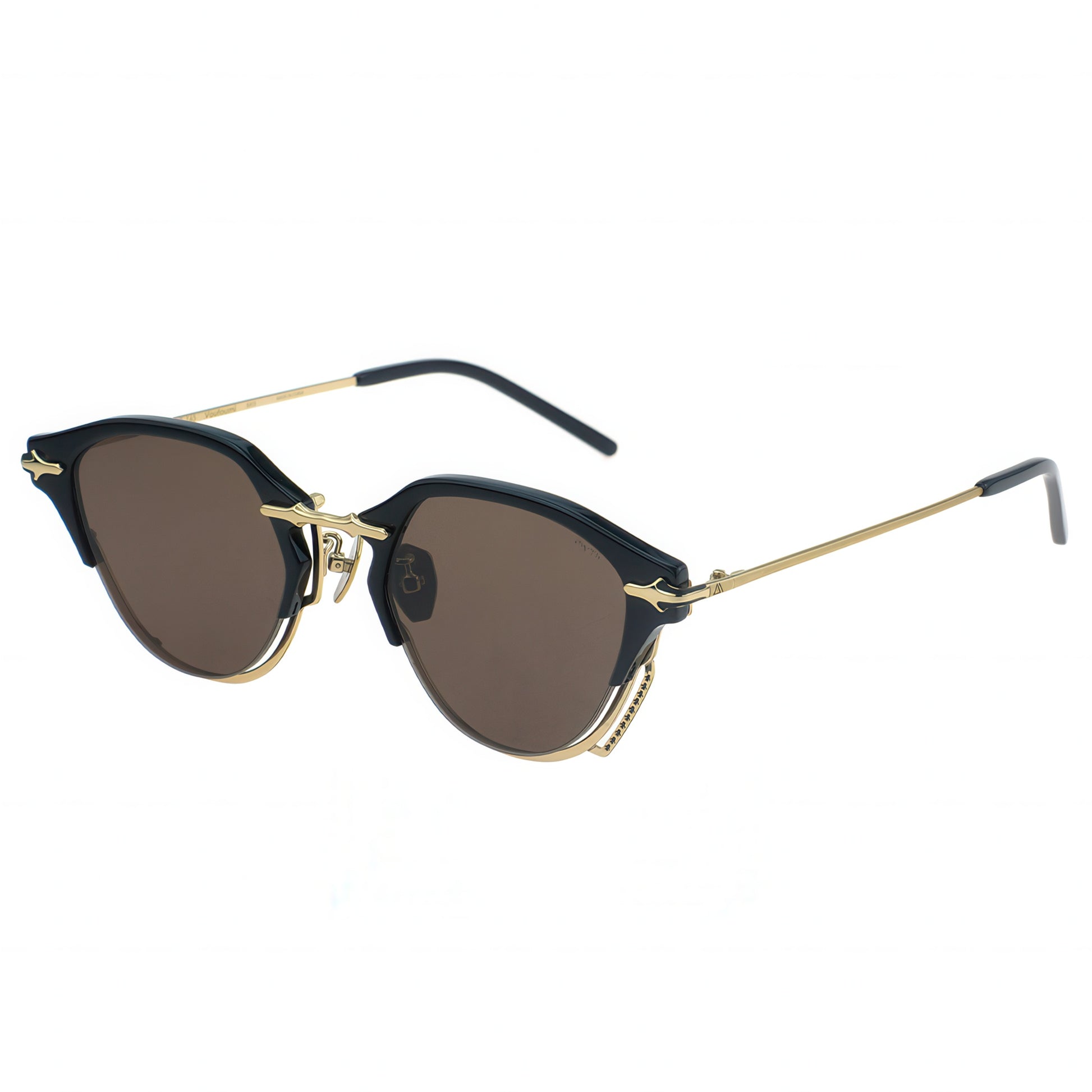 Sunglasses with gold frames and dark lenses on a white background