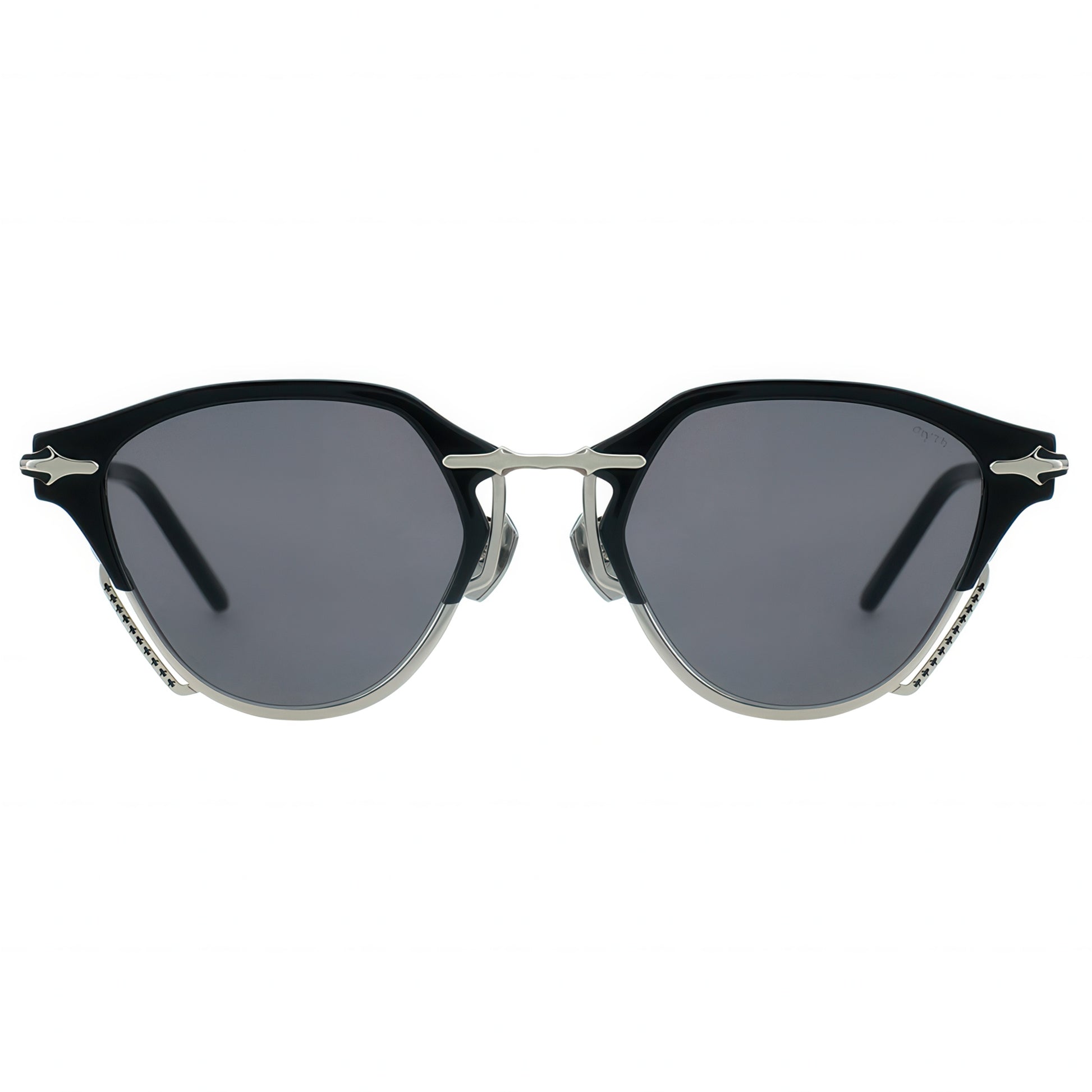 Sunglasses with black frames and dark lenses on a white background