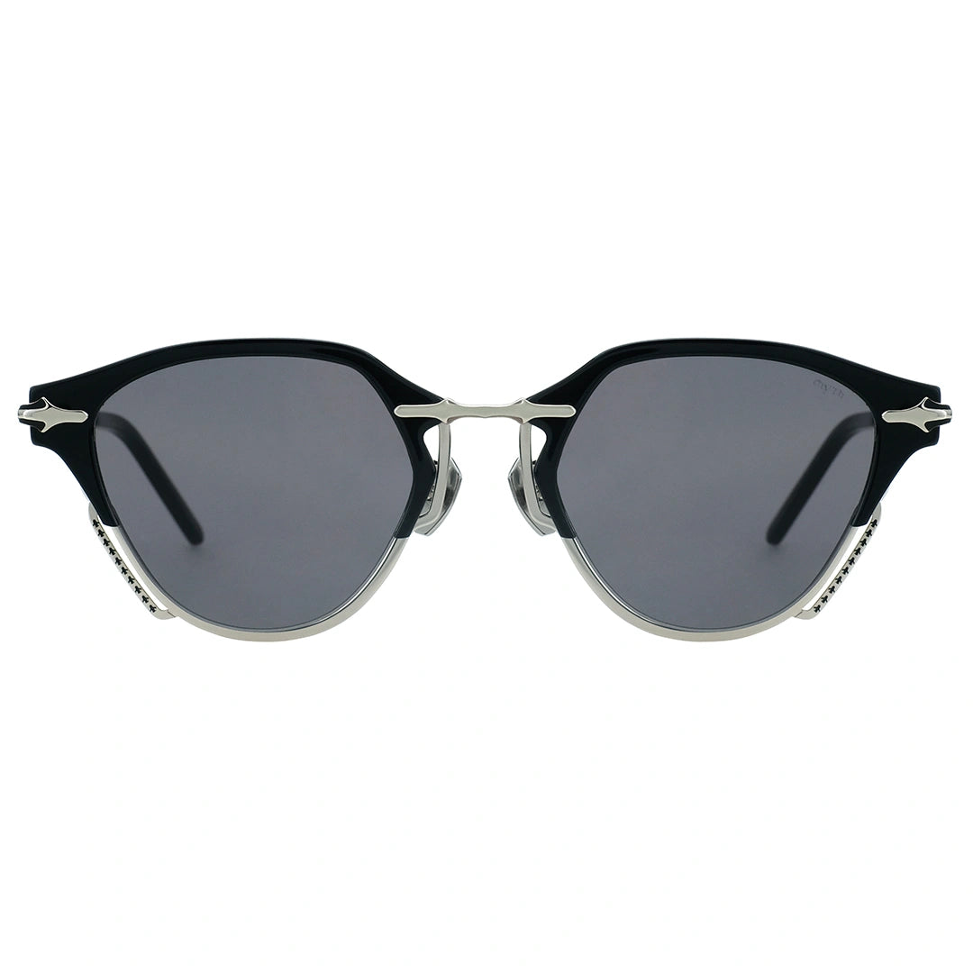 Browline sunglasses with black frames and dark lenses 