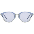 Sunglasses with blue lenses and light blue frames on a white background