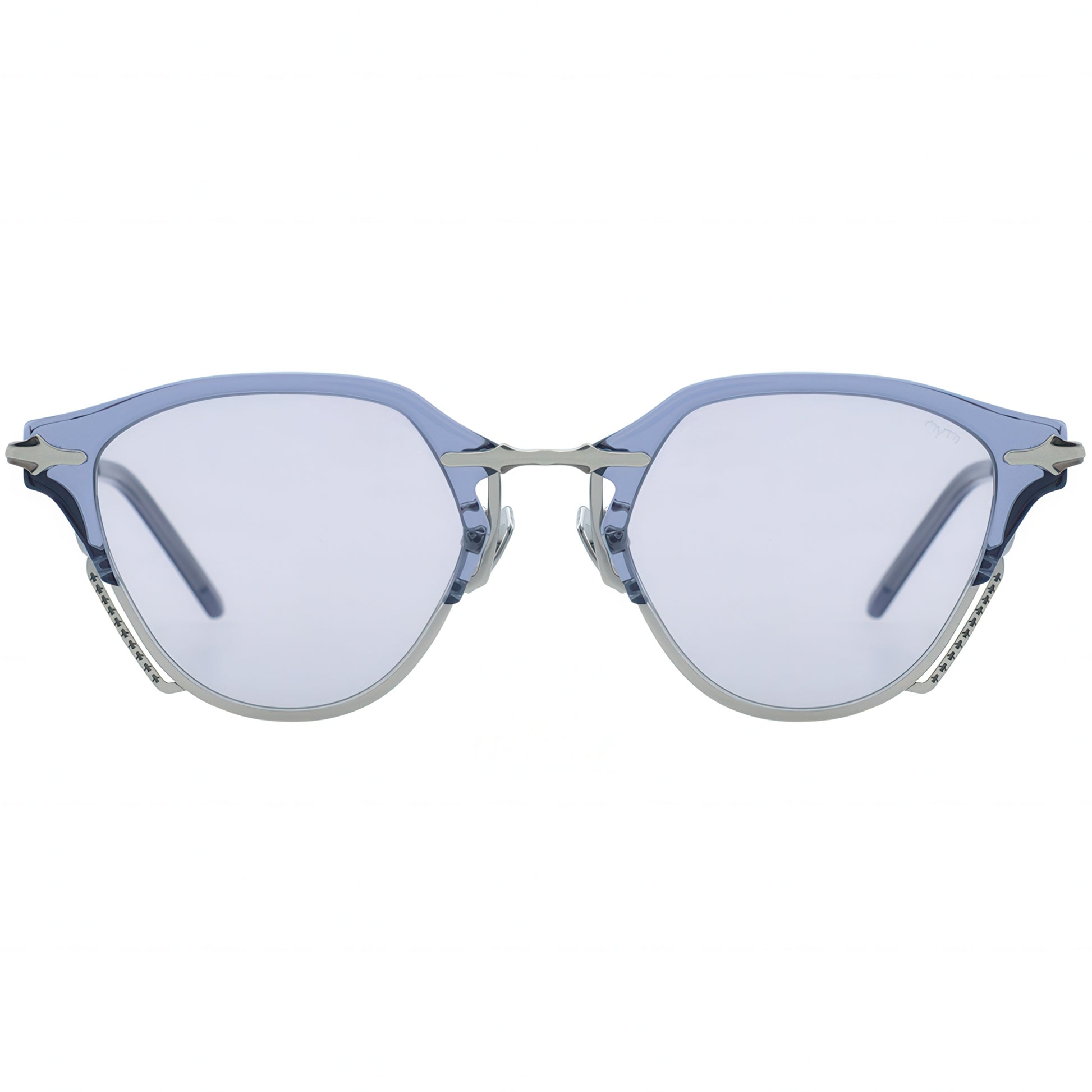 Sunglasses with blue lenses and light blue frames on a white background