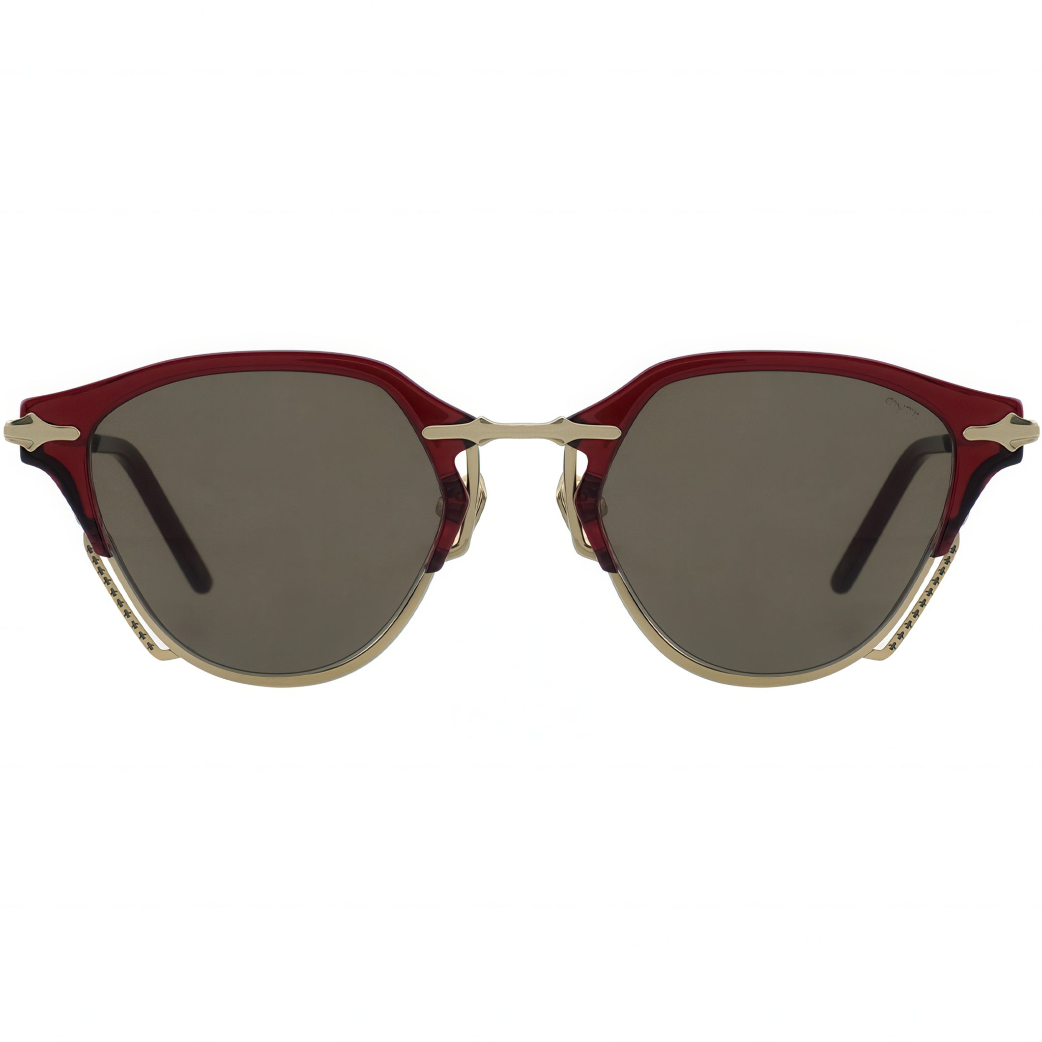 Sunglasses with red and gold frame on a white background