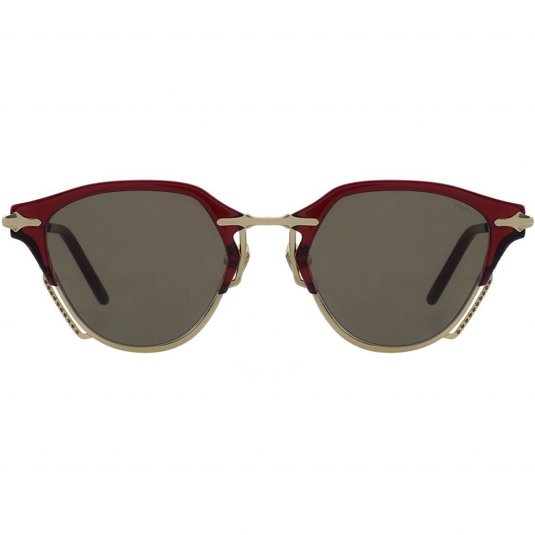 Sunglasses with red and gold frame on a white background