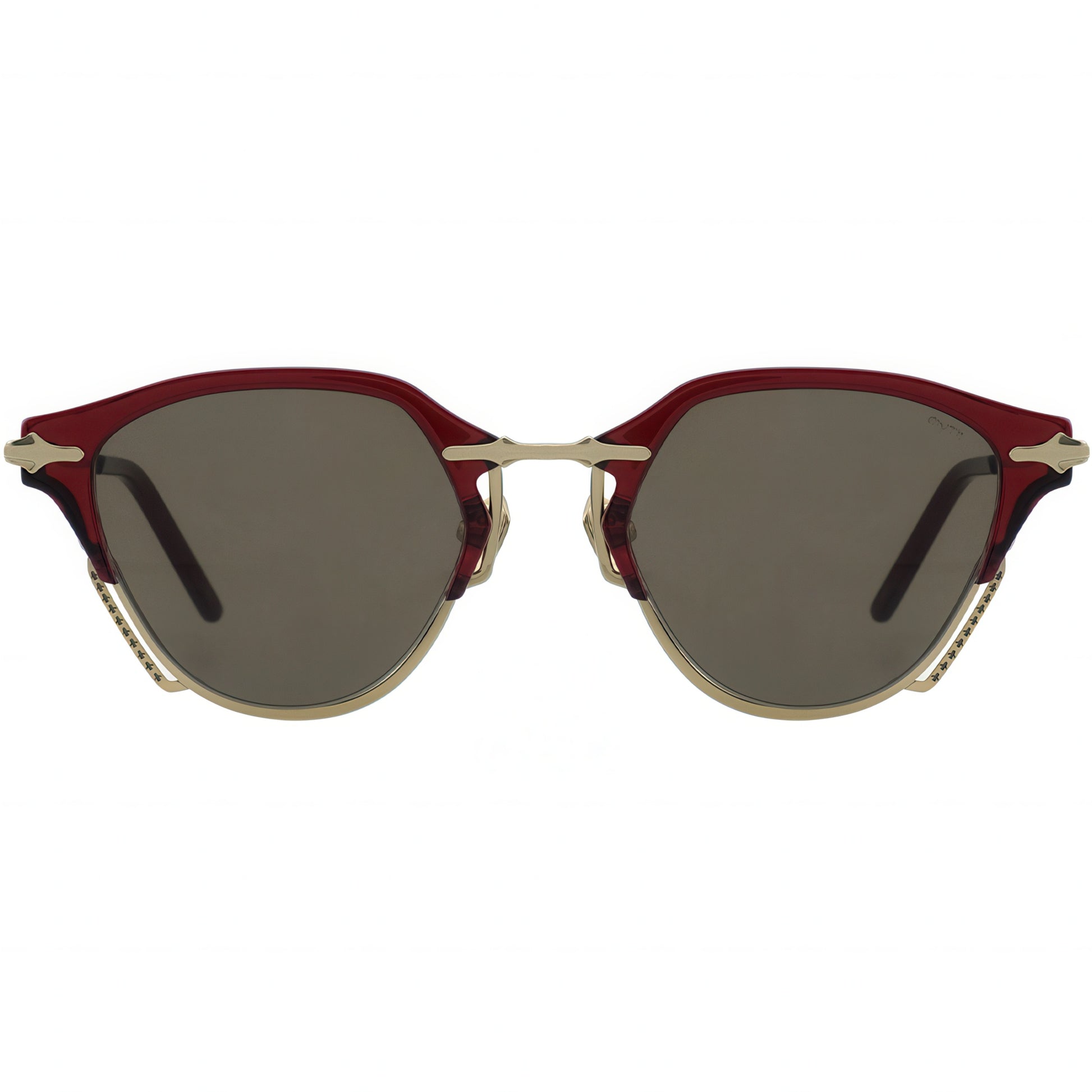 Sunglasses with red and gold frame on a white background