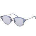 Sunglasses with blue frames and clear lenses on a white background