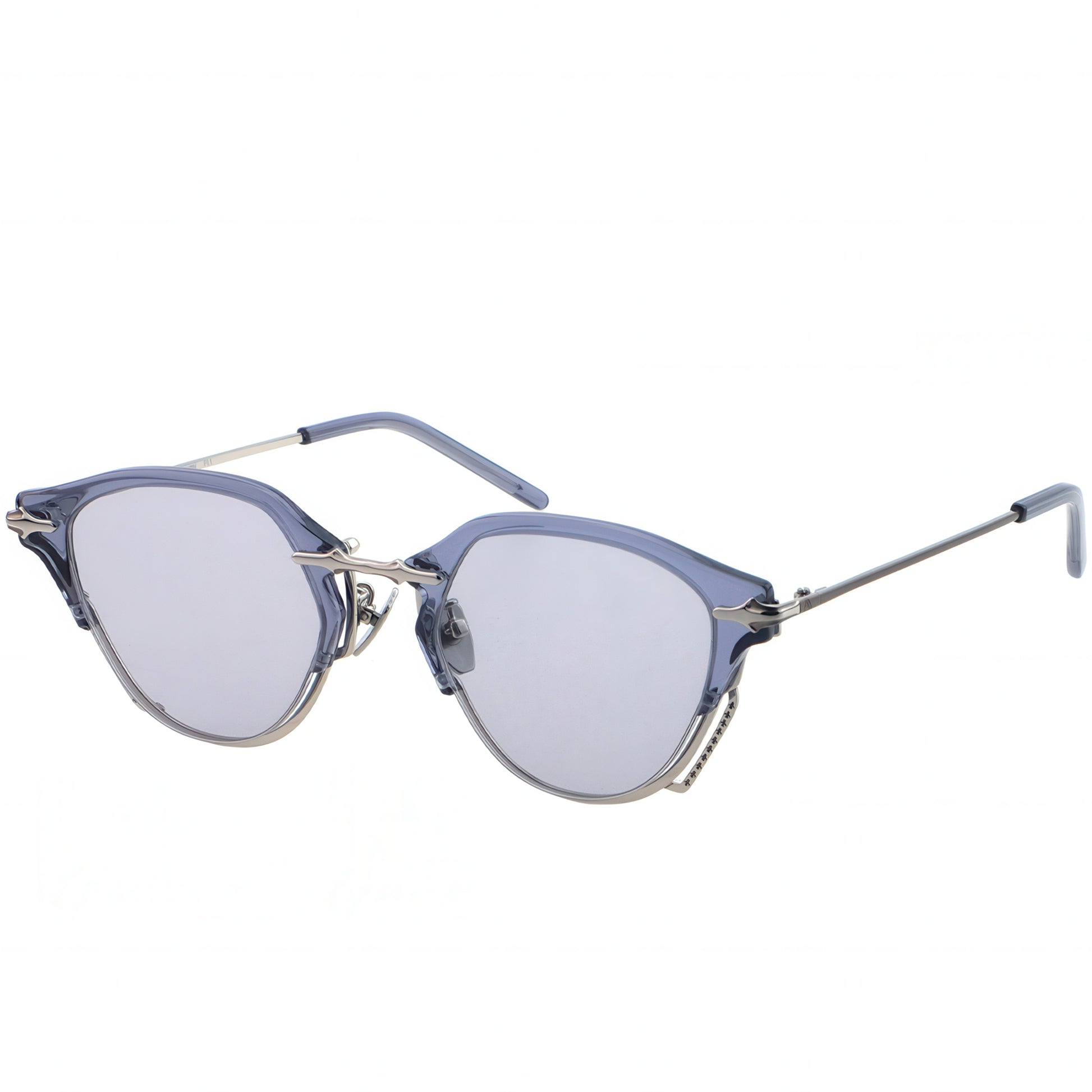 Sunglasses with blue frames and clear lenses on a white background