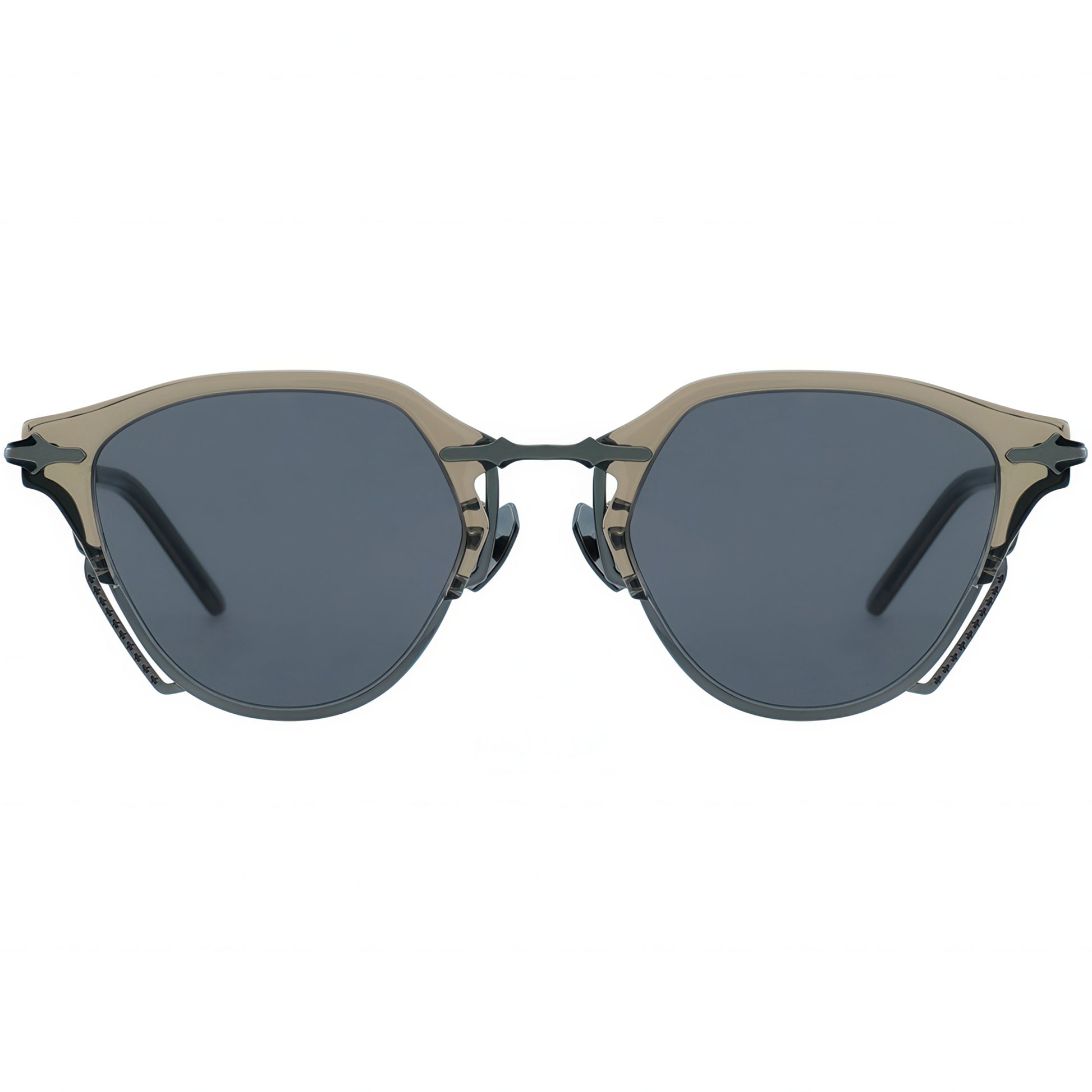 Sunglasses with dark lenses and beige and black frame on a white background