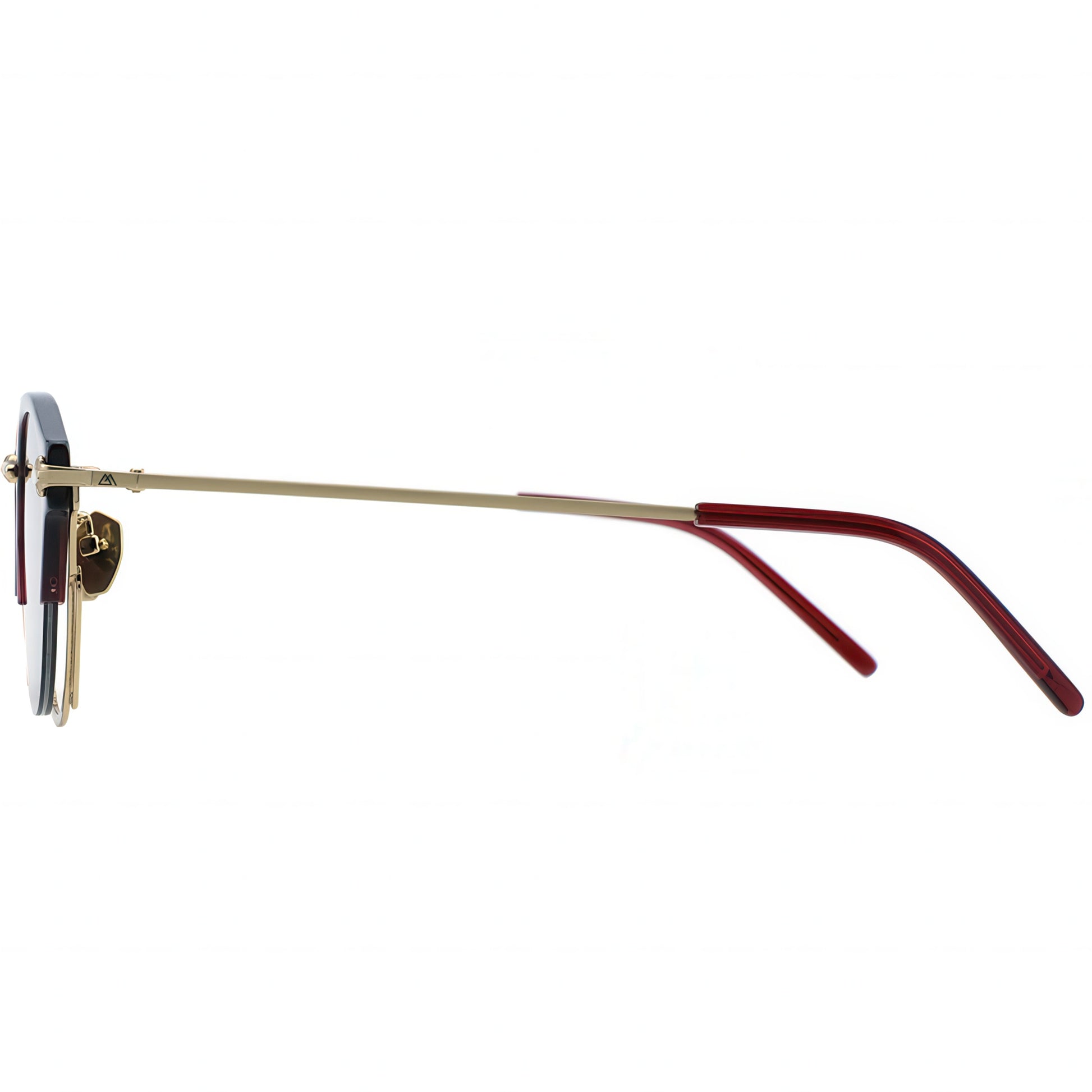 Eyeglasses with gold frame and red arms on a white background