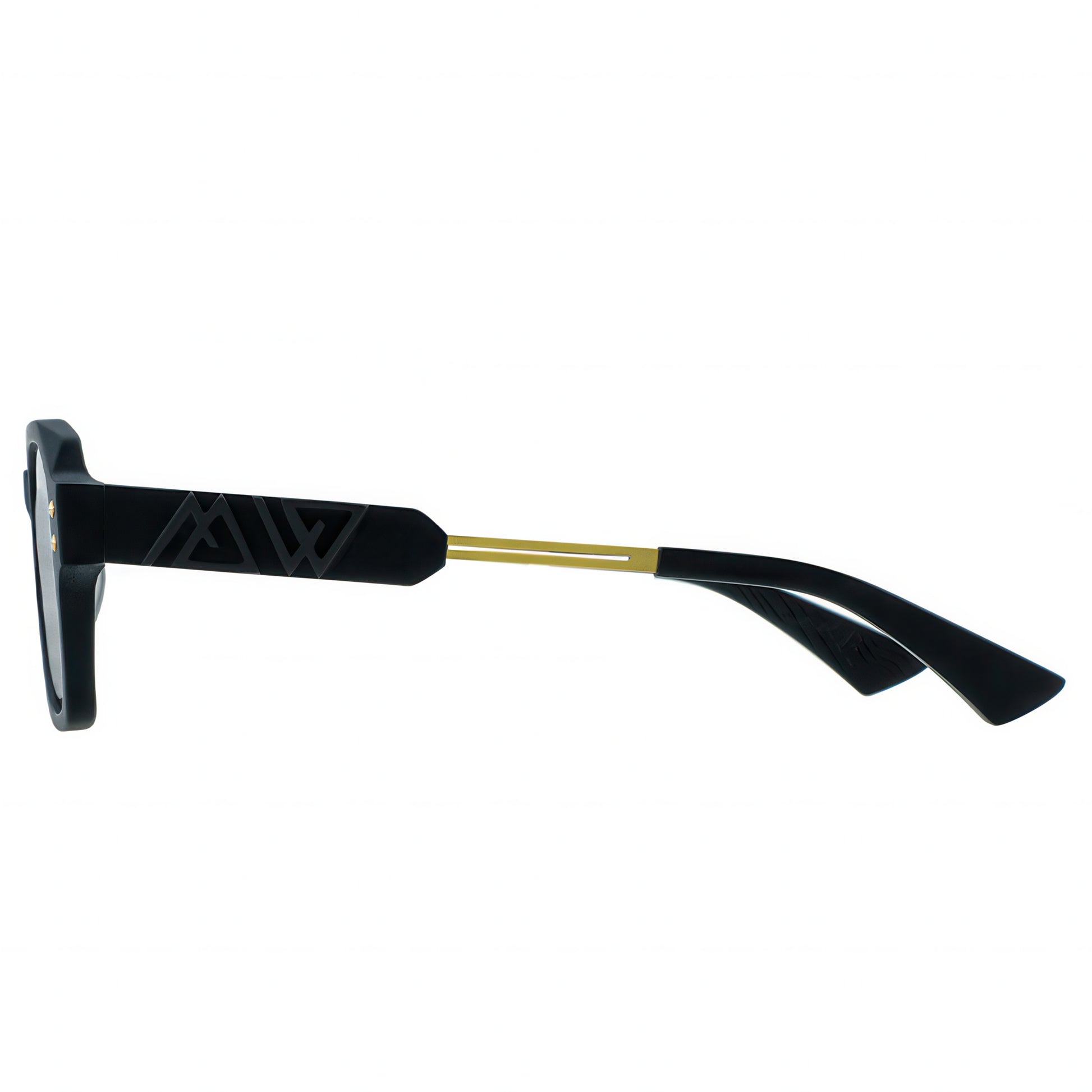 Sunglasses with black frames and gold accents on a white background