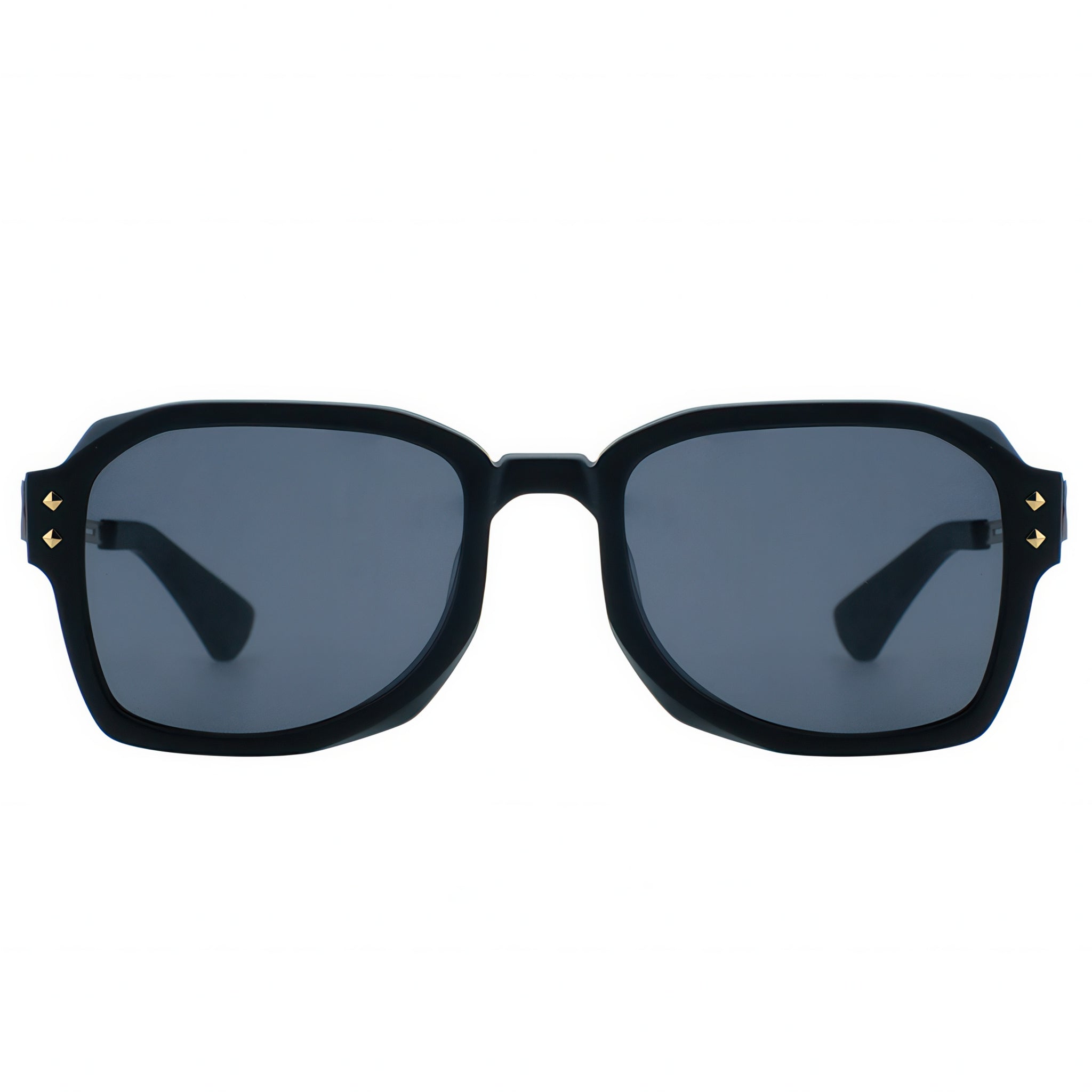 Black sunglasses with gold accents on a white background