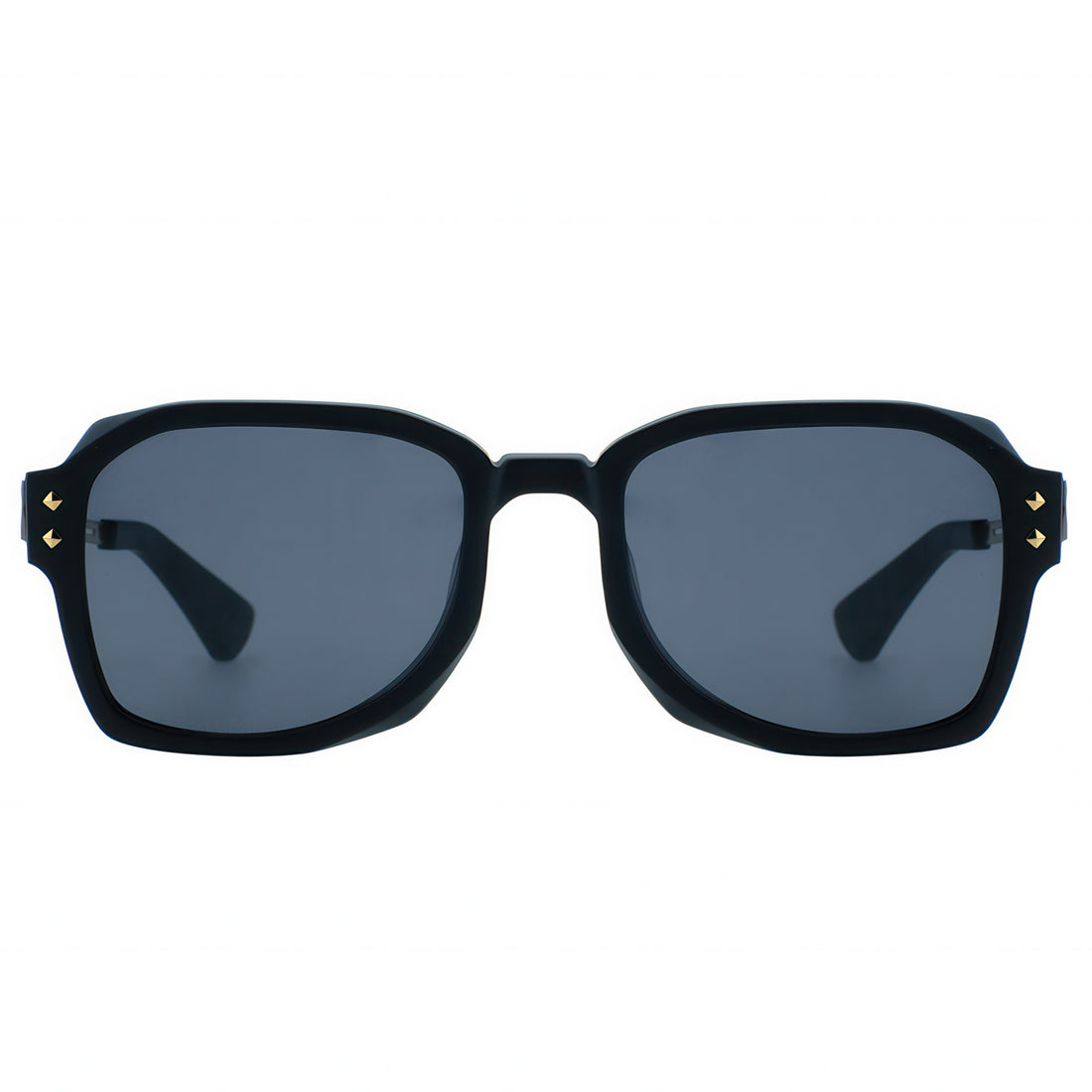 Black sunglasses with gold accents on a white background