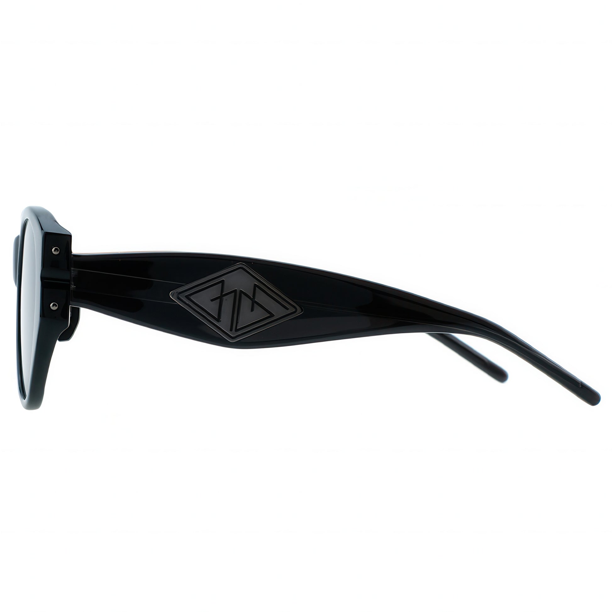 Black sunglasses with a logo on the frame against a white background