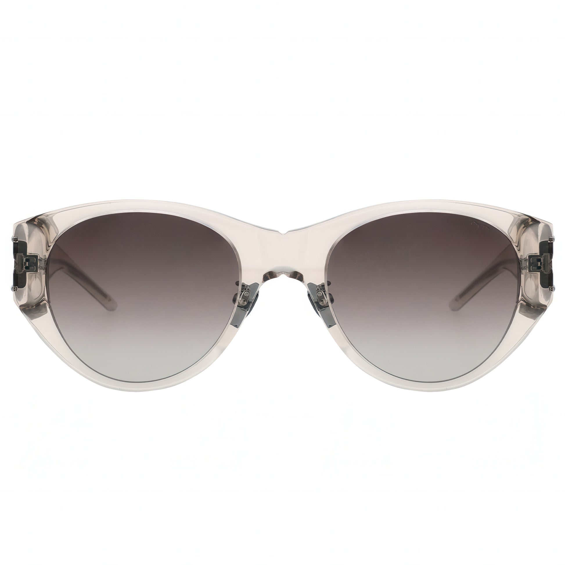 Sunglasses with clear frame and gradient lenses on a white background