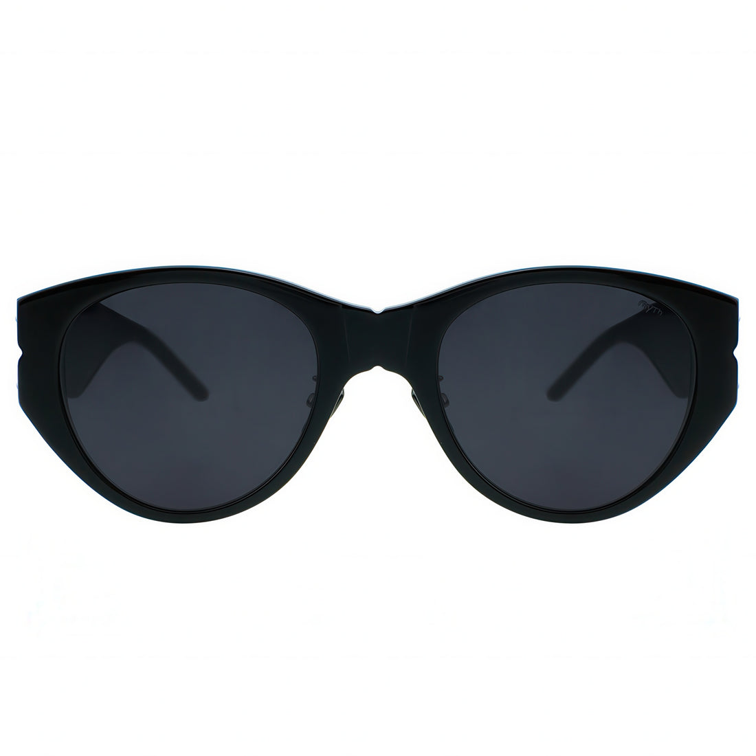 Black sunglasses with dark lenses on a white background
