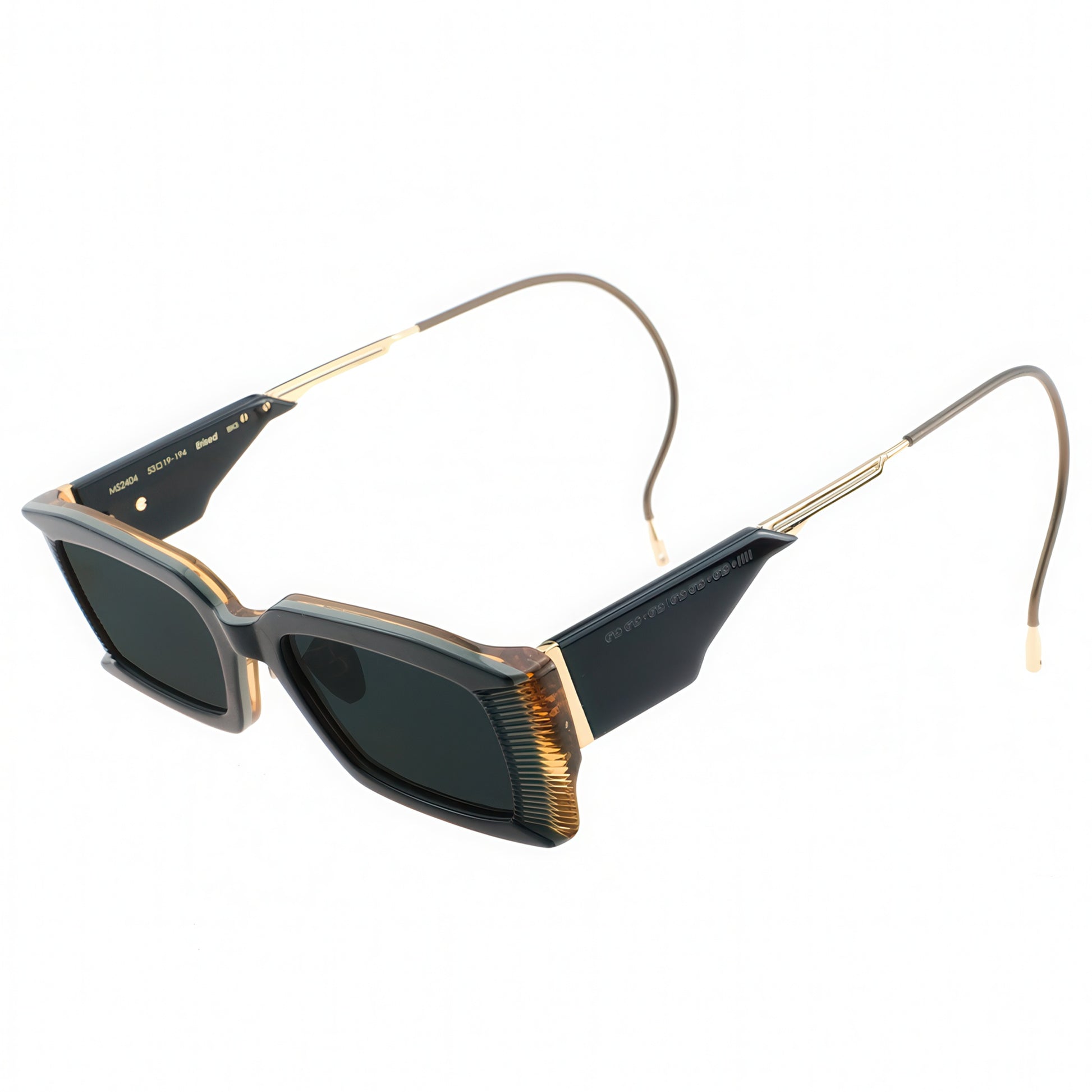 Sunglasses with black lenses and gold frames on a white background
