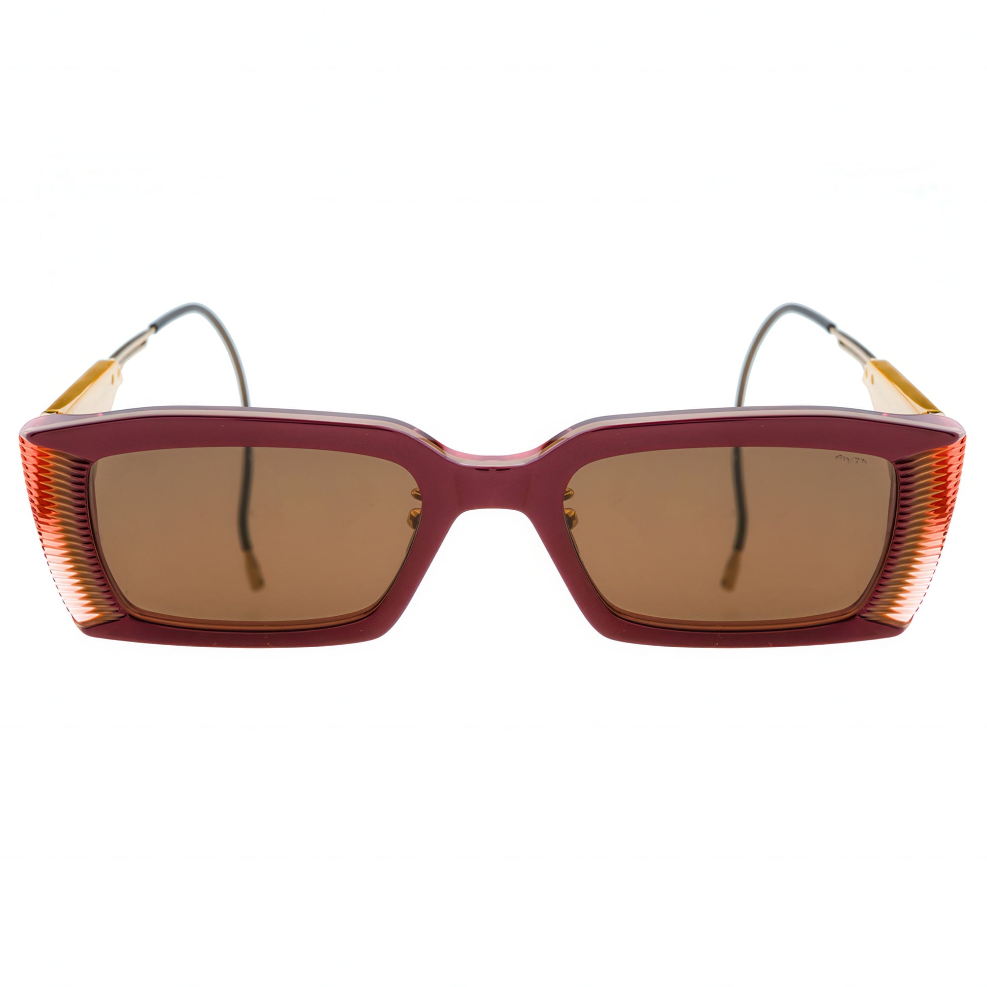 Sunglasses with a red frame and brown lenses on a white background