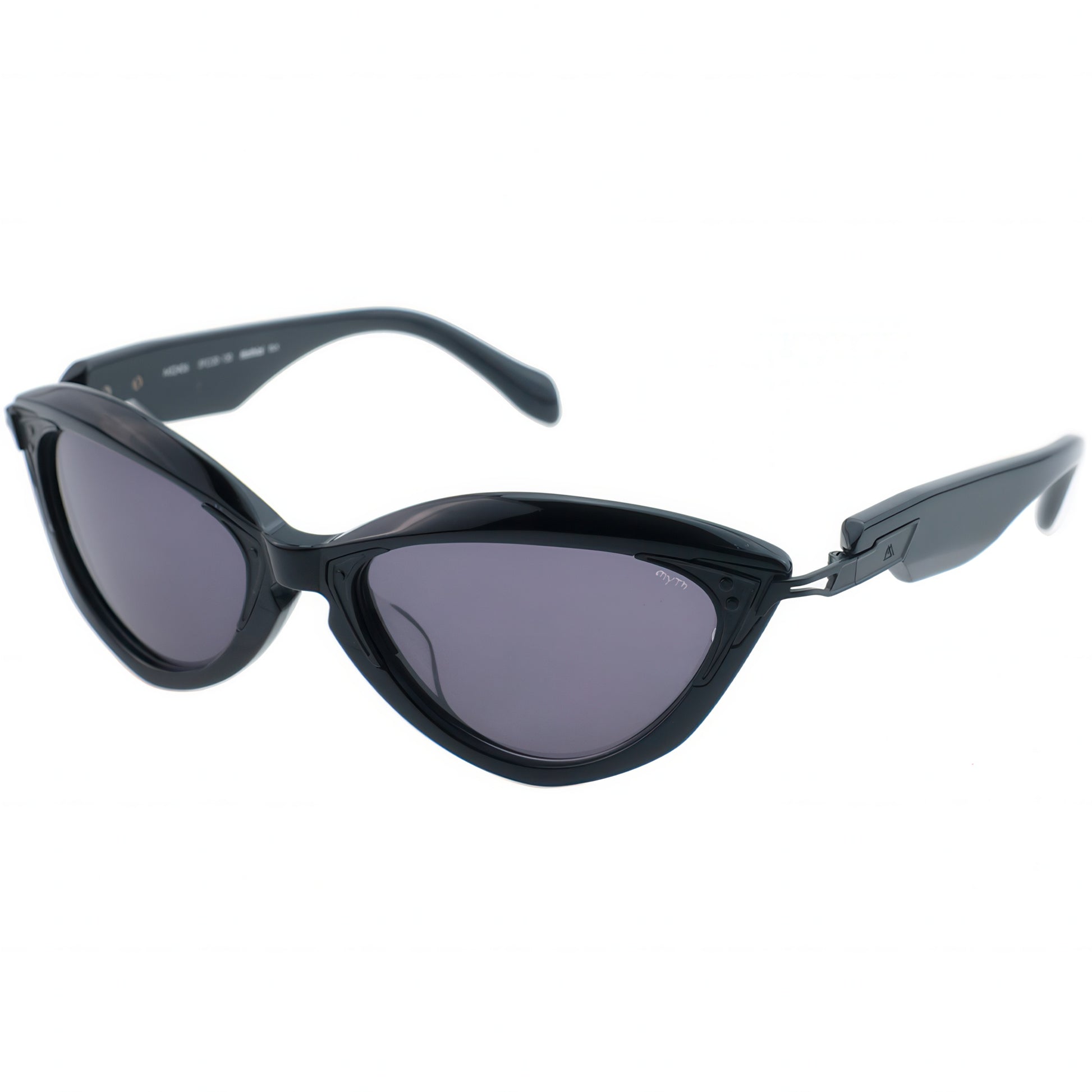 Black cat-eye sunglasses with dark lenses on a white background