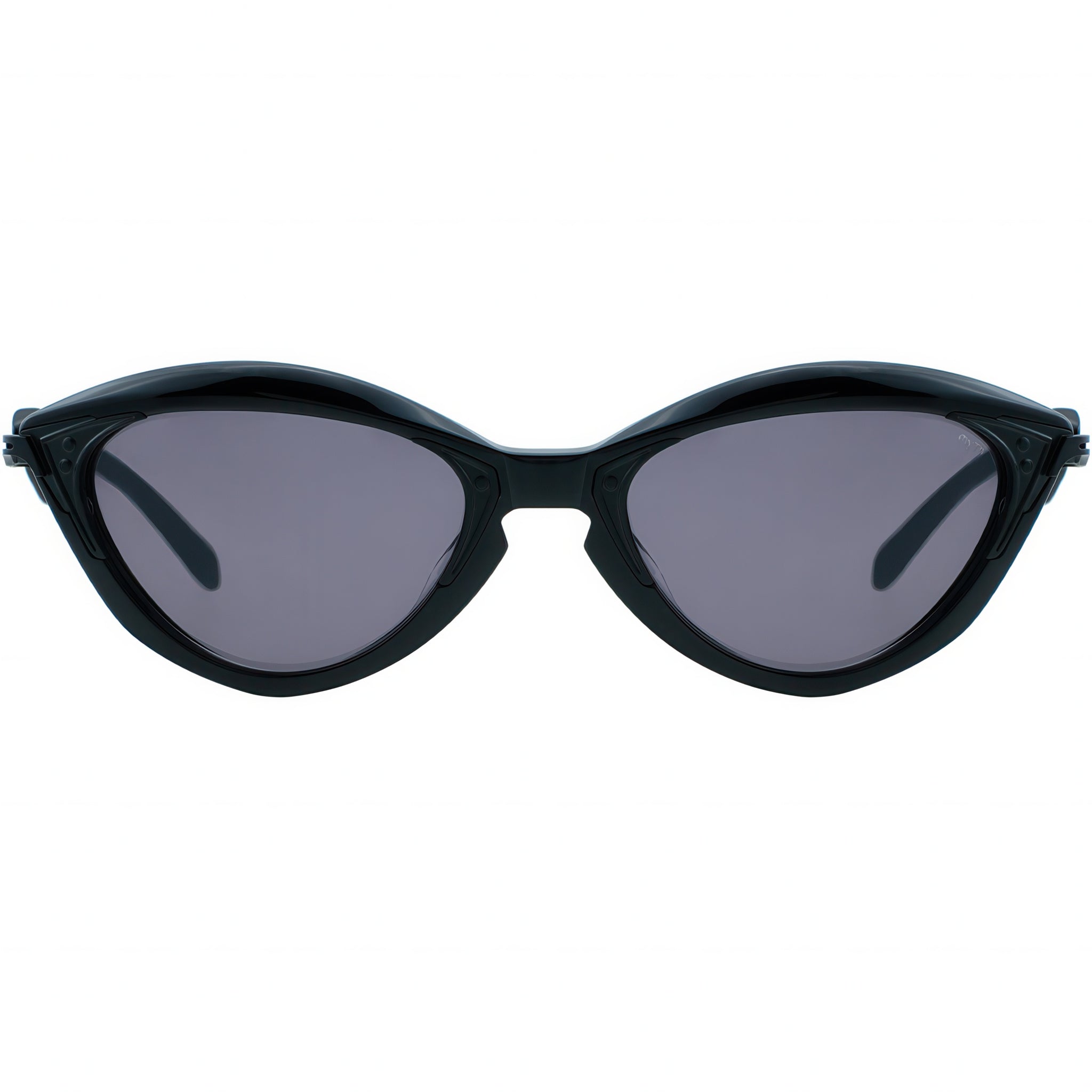 Black cat-eye sunglasses with dark lenses on a white background
