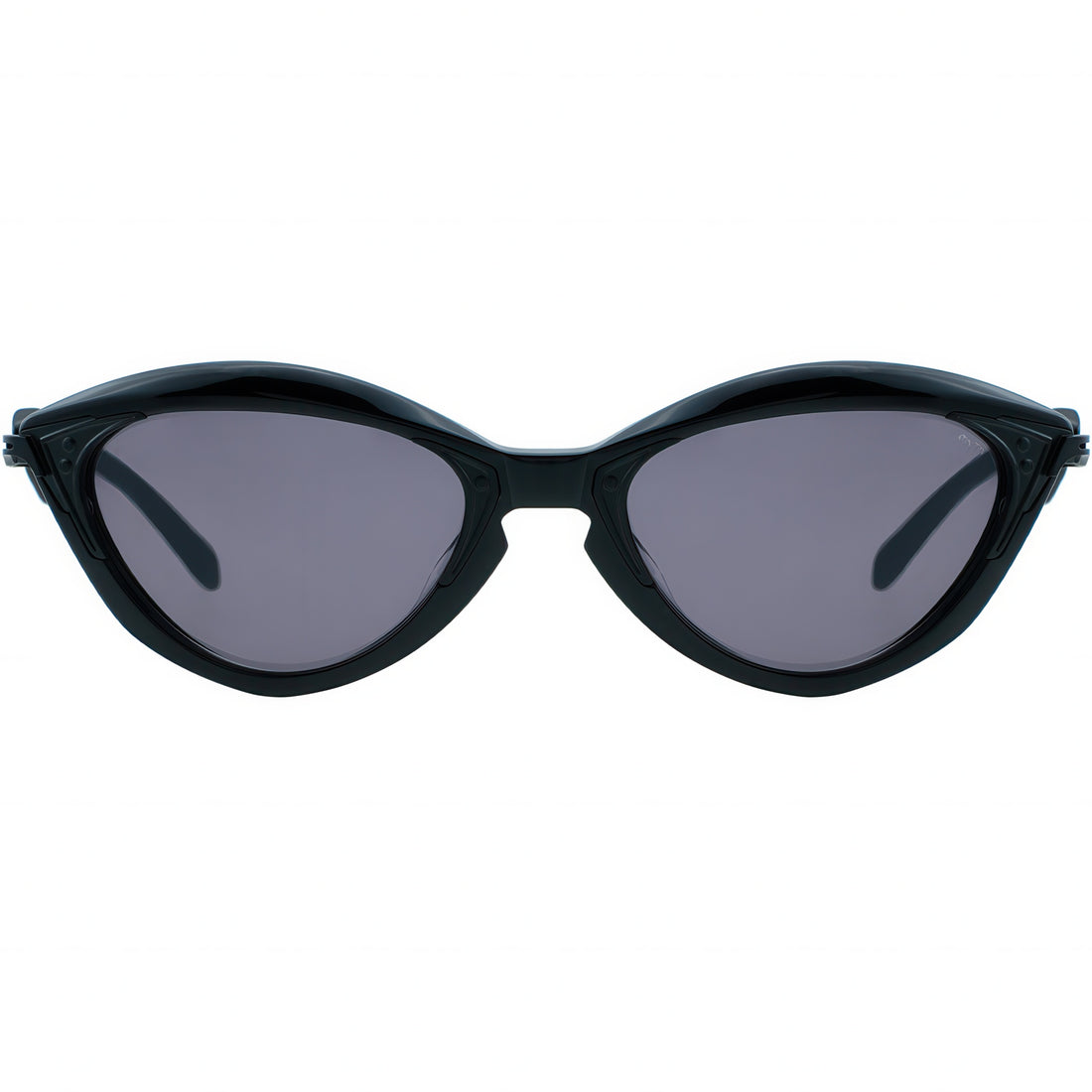 Black cat-eye sunglasses with dark lenses on a white background