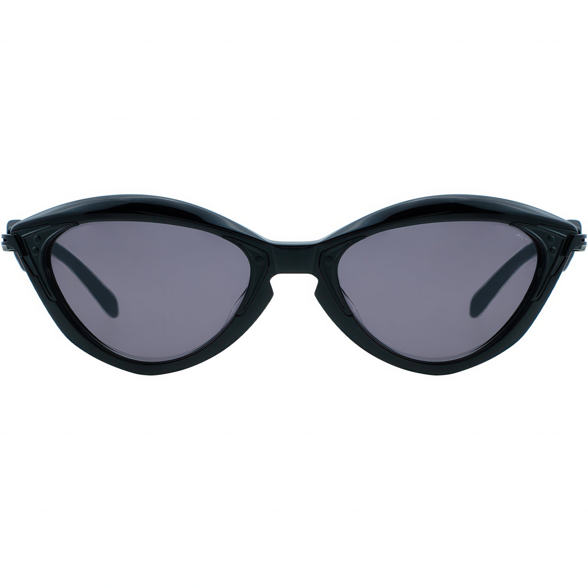 Black cat-eye sunglasses with dark lenses on a white background