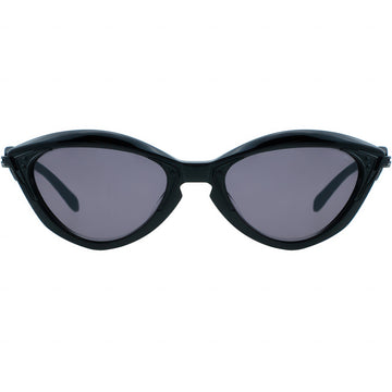 Black cat-eye sunglasses with dark lenses on a white background