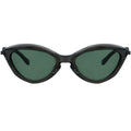 Black cat-eye sunglasses with green lenses on a white background