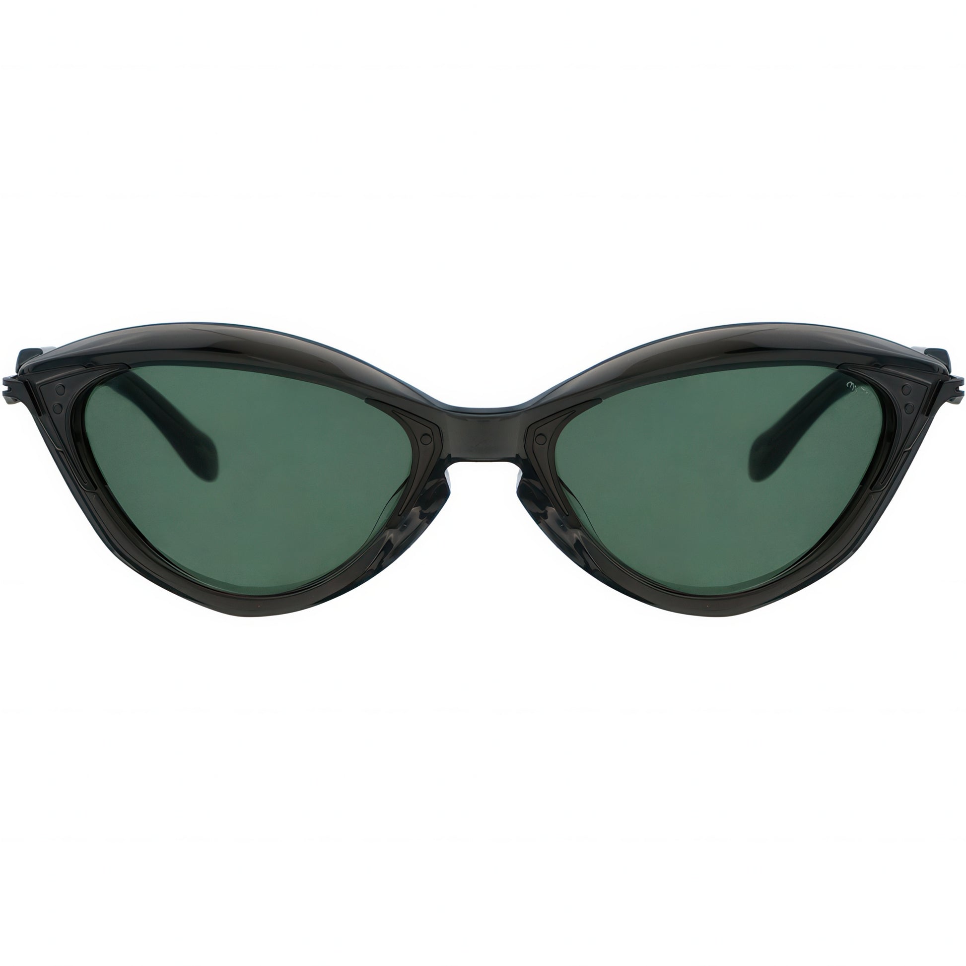 Black cat-eye sunglasses with green lenses on a white background