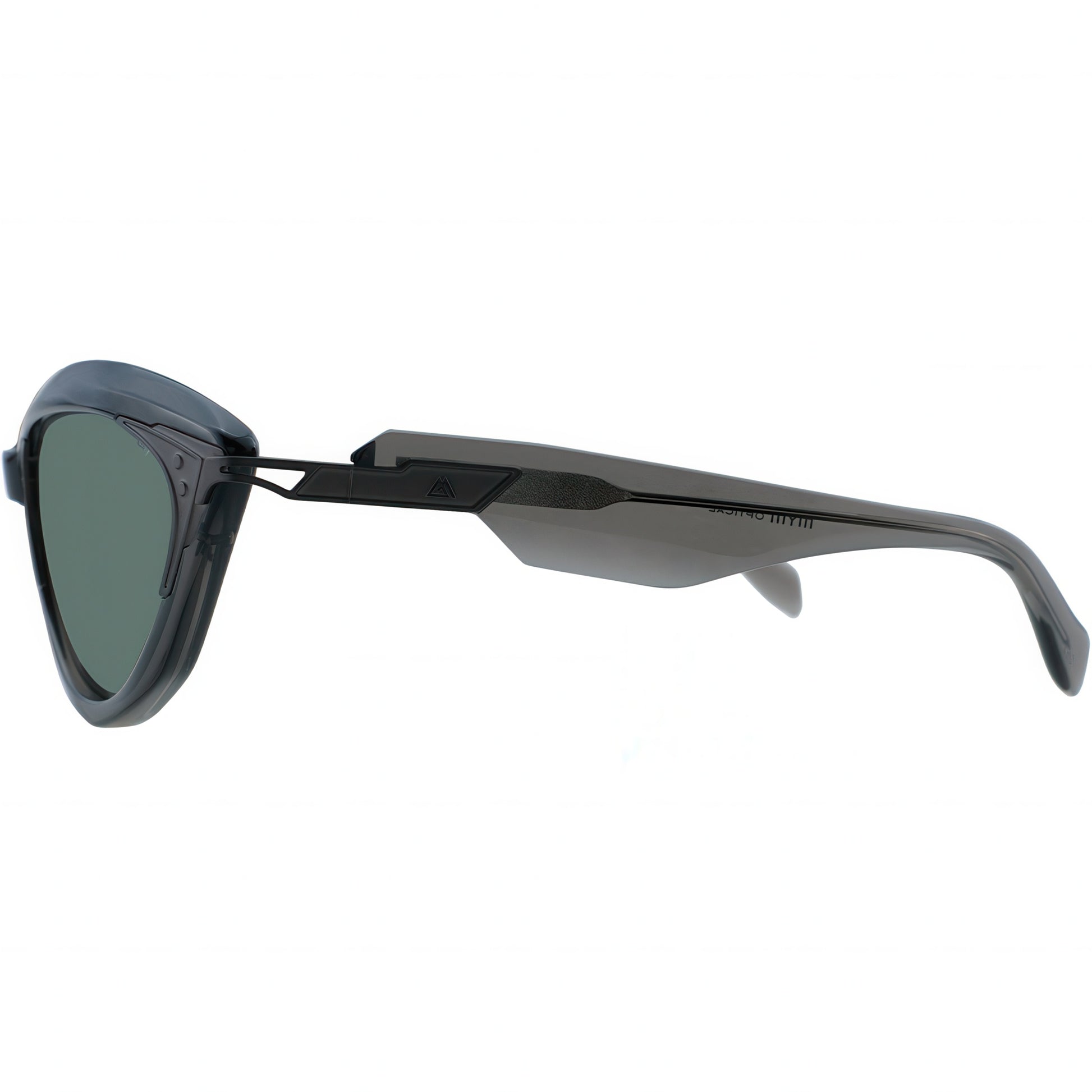 Black sunglasses with green lenses on a white background