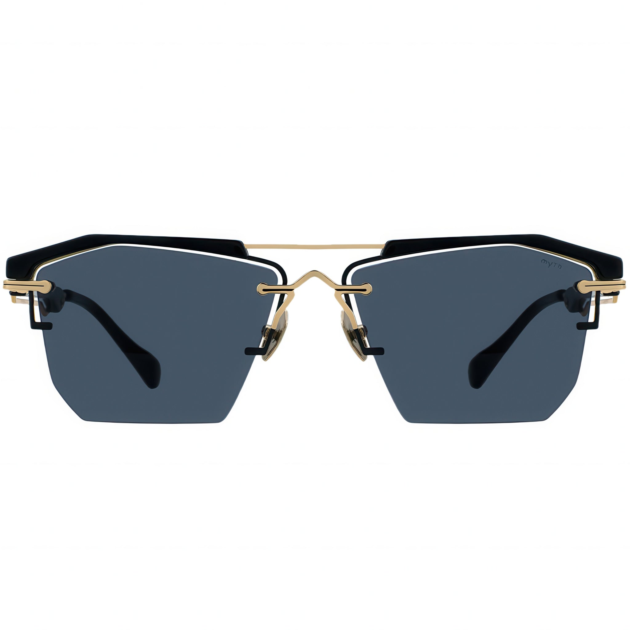 Browline sunglasses with black lenses and gold frames 
