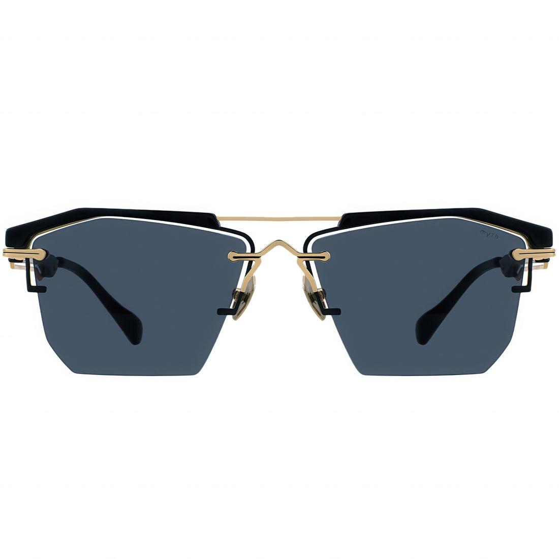Browline sunglasses with black lenses and gold frames 