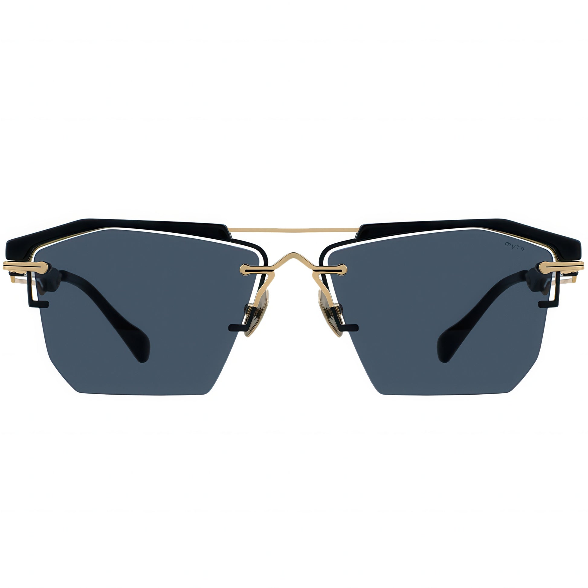 Browline sunglasses with black lenses and gold frames 